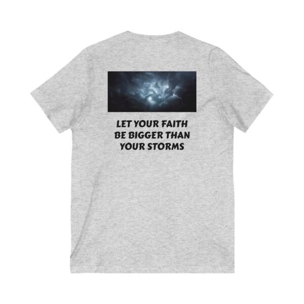 Faith Over Storms Christian Tee, Inspirational Short Sleeve V-Neck Shirt, Unisex Religious Graphic T-Shirt, V-Neck Tee, - Image 2