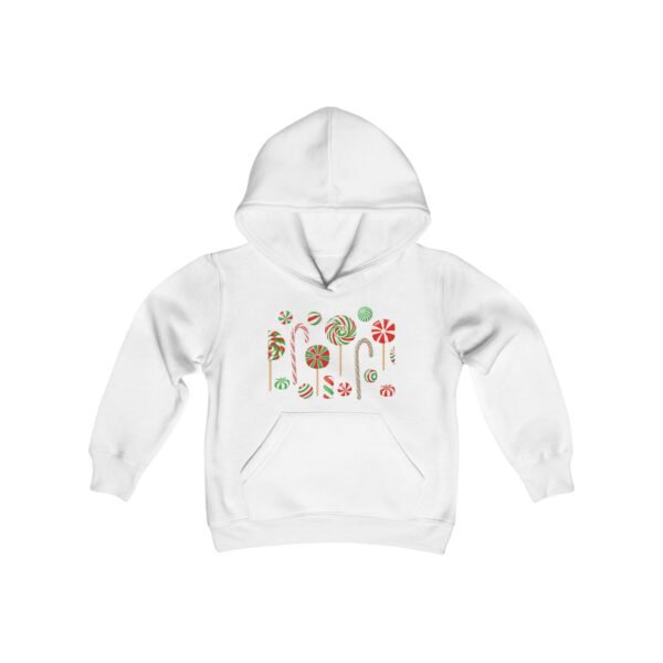 Christmas Candy Youth Hoodie Sweatshirt, Holiday Winter Jumper Top, Festive Xmas Apparel, Cute Kids Pullover, Cozy Children's Outerwear - Image 3